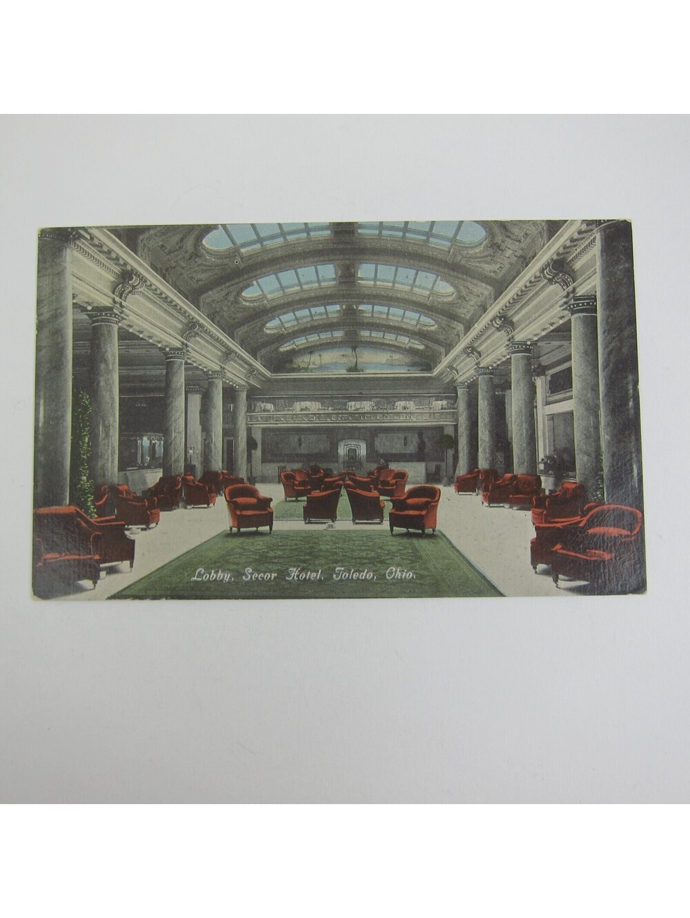 Postcard Toledo Ohio Secor Hotel Lobby Lounge Red Chairs Antique 1914 RARE